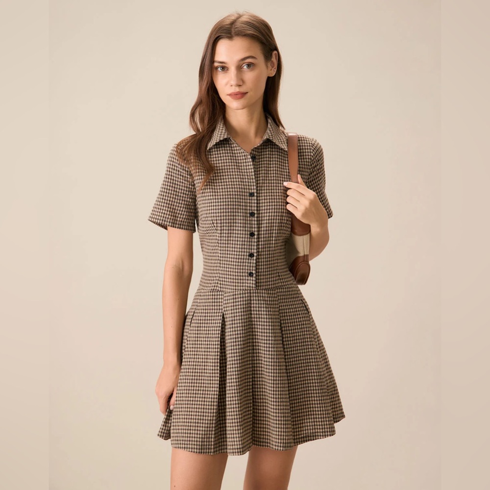 RIHOAS Brown Plaid Lapel Pleated Mini Dress